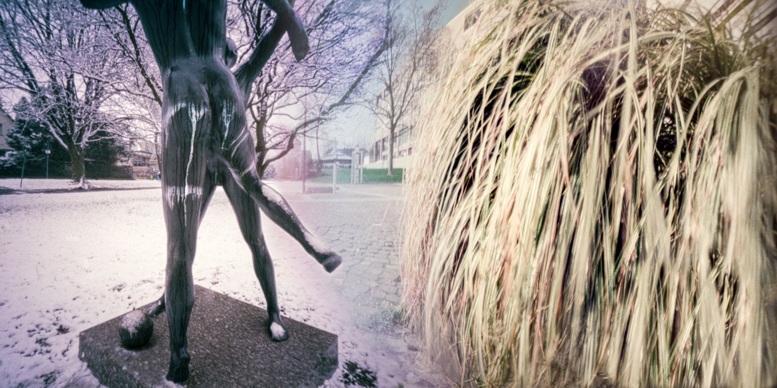Lochkamera-Bild: eine Figur aus Metall neben hohem Gras